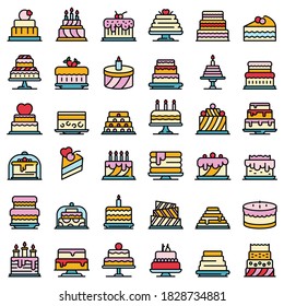 Cake icons set. Outline set of cake vector icons thin line color flat on white