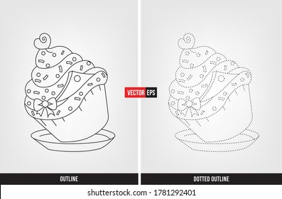 Cake Illustration color and trace, tracing worksheet for preschool and kindergarten vector