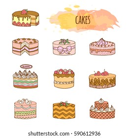 Cake illustration hand drawn vector set.