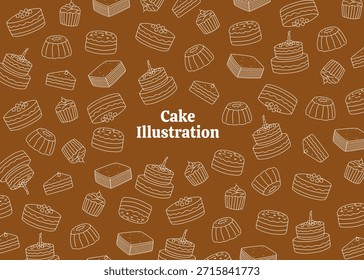 Patrón de la ilustración de la torta con el fondo marrón oscuro, empaquetado de la comida, ilustración del menú	