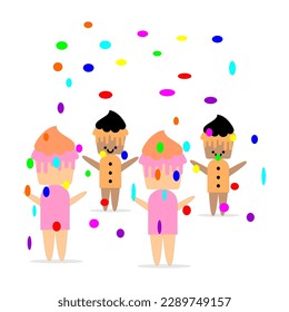 cake illustration with various characters and activities isolated on while 