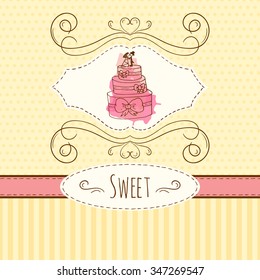 Cake illustration. Vector hand drawn card with watercolor splashes. Sweet polka dots and stripes design. Invitation card template. Wedding cakes with cream and berries. 