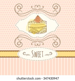 Cake illustration. Vector hand drawn card with watercolor splashes. Sweet polka dots and stripes design. Invitation card template. Wedding cakes with cream and berries. 