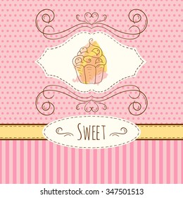 Cake illustration. Vector hand drawn card with watercolor splashes. Sweet polka dots and stripes design. Invitation card template. Wedding cakes with cream and berries. 
