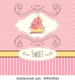 Cake illustration. Vector hand drawn card with watercolor splashes. Sweet polka dots and stripes design. Invitation card template. Wedding cakes with cream and berries. 