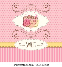 Cake illustration. Vector hand drawn card with watercolor splashes. Sweet polka dots and stripes design. Invitation card template. Wedding cake with cream and berries. 