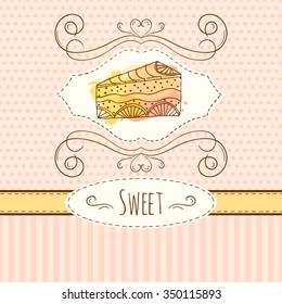 Cake illustration. Vector hand drawn card with watercolor splashes. Sweet polka dots and stripes design. Invitation card template. Cake slice with cream and berries. 
