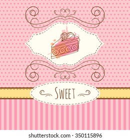 Cake illustration. Vector hand drawn card with watercolor splashes. Sweet polka dots and stripes design. Invitation card template. Cake slice with cream and berries. 