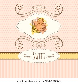 Cake illustration. Vector hand drawn card with watercolor splashes. Sweet polka dots and stripes design. Invitation card template. Wedding cakes with cream and berries. 