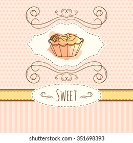 Cake illustration. Vector hand drawn card with watercolor splashes. Sweet polka dots and stripes design. Invitation card template. Tart with cream and berries. 
