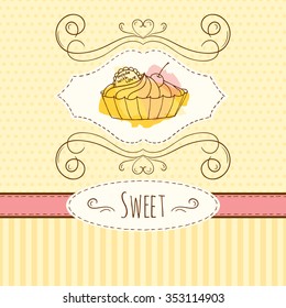 Cake illustration. Vector hand drawn card with watercolor splashes. Sweet polka dots and stripes design. Invitation card template. Tart with cream and berries. 