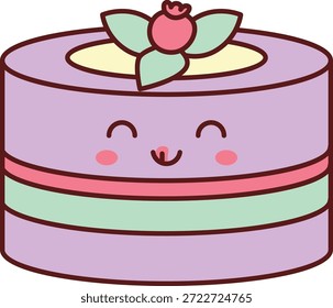 Pastel con cara de kawaii, pastel de capa redonda, banda de crema y adorno de hoja de baya en un contorno audaz. Símbolo de celebración, dulzura, alegría de postre y fiesta. Ilustración vectorial de dibujos animados.