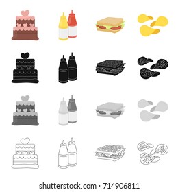 Cake, ketchup and mustard, fast food sandwich, potato chips. Fast food set collection icons in cartoon black monochrome outline style vector symbol stock illustration web.