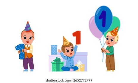 cake kid boy first birthday vector. balloons decorations, theme gifts, outfit smash cake kid boy first birthday character. people flat cartoon illustration