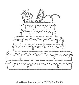 A cake with layers, covered with chocolate, strawberries, cherries and a piece of lemon. Freehand drawing. Doodle. Hand Drawn. Outline. Coloring page.	