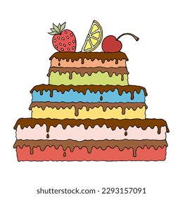 A cake with layers, covered with chocolate, strawberries, cherries and a piece of lemon. Freehand drawing. Doodle. Hand Drawn. Outline.