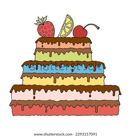 A cake with layers, covered with chocolate, strawberries, cherries and a piece of lemon. Freehand drawing. Doodle. Hand Drawn. Outline.