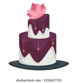Cake with layers and lotus flower bud purple topping and icing vector wedding dessert with floral decor on plate confectionery food bakery product festive dish cream and decor cooking and celebration.