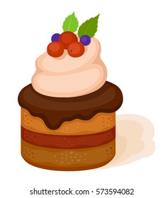 Cake with light beige cream, chocolate and berry, decorated with mint leaves