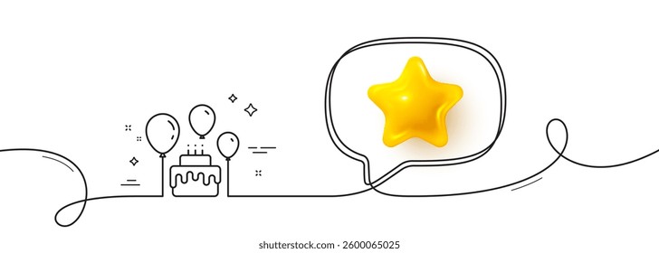Cake line icon. Continuous line with 3d star. Birthday events sign. Party celebration symbol. 3d star in speech bubble. Cake single line ribbon. Loop curve pattern. Vector