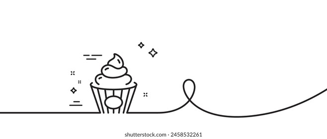 Cake line icon. Continuous one line with curl. Birthday cupcake sign. Dessert food symbol. Cake single outline ribbon. Loop curve pattern. Vector