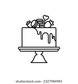 Cake line icon. Modern sponge cake with chocolate icing, cookies and fruits. Doodle illustration of a sweet dessert on cake stand. Festive bakery, confectionery. Linear illustration. Editable strokes