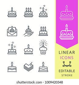 Cake - Line Vector Icon Set. Editable Stroke. Birthday, Cupcake, Muffin, Wedding , Dessert, Bakery, Pie, Ets.