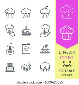 Cake - line vector icon set. Editable stroke. Birthday, cupcake, muffin, wedding , dessert, bakery, pie and more.