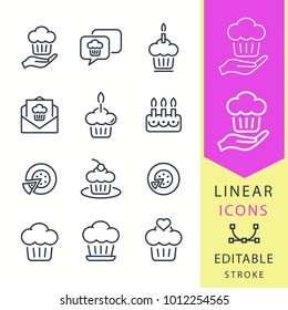 Cake - line vector icon set. Editable stroke. Birthday, cupcake, muffin, wedding , dessert, bakery, pie and more.