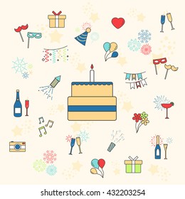 Cake with Line Web Icons of Party, Celebration, Birthday and Holidays. 
Vector celebrate  linear icons and design elements.