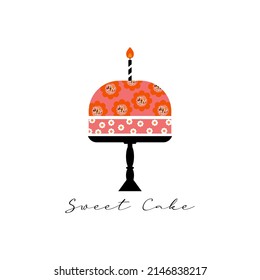 Cake logo design, bakery logo, elegant cake with candle for birthday card, invitations, banner, announcement. Festive isolated elements on a white background.