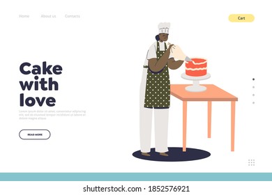 Cake with love, confectionary service landing page with female confectioner decorating holiday cake with cream from confectionery bag for festive event. Flat vector illustration