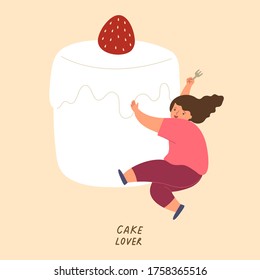 Cake lover girl is hugging strawberry shortcake isolated on cream background. Concept of dessert lover, cake cafe decoration, sweet tooth, cute character for cake shop. Flat vector illustration.