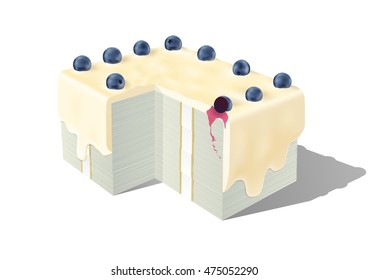 Cake made out of packs of money, with blueberries and bilberry juice. Vector illustration. Isolated on a white background.