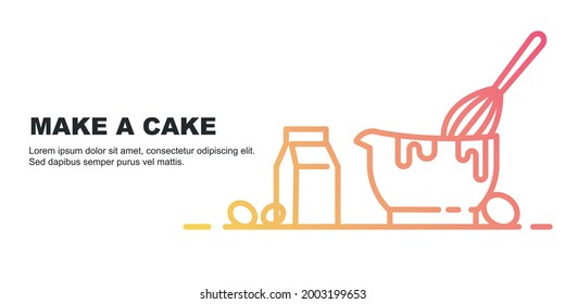 cake making, recipe and ingredient list. Kitchenware, mixer. confectionery concept, editable vector, banner, graphic.
