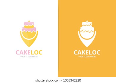 Cake and map pointer logo combination. Unique cupcake and pin logotype design template.