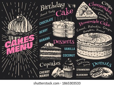 Cake menu. Hand drawn bakery product. Sweet Food on chalkboard. Vintage donut macaroon. Engraved sketch. Vector illustration for a banner of a cafe and restaurant.