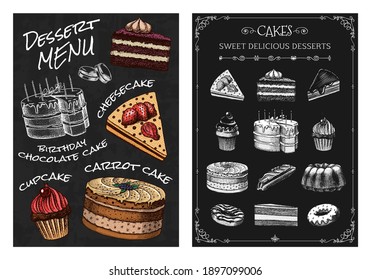 Cake Menu. Hand Drawn Bakery Product. Sweet Food On Chalkboard. Vintage Donut Macaroon. Engraved Sketch. Vector Illustration For A Banner Of A Cafe And Restaurant.