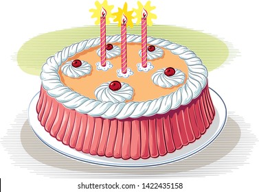 A cake with meringue and berries, with candles lit, on a white background, in vector.