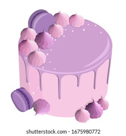 Cake with meringue, macarons, marshmallows for invitations, greeting cards and other. Logo for cake shop, pastry shop and bakery. Vector illustration. 