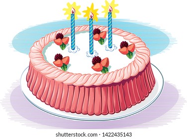 A cake with meringue, strawberries and blackberries with candles lit, on a white background, in vector.