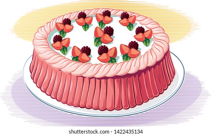 A cake with meringue, strawberries and blackberries on a white background, in vector.