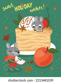 Cake and mice. New year Christmas card