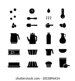 Cake mix, silhouette icons set for packaging, cooking recipe. Outline pictograms for baking muffin, cupcake, pudding from dry powder. Homemade pastry product. Black emblem. Flat isolated vector