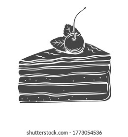 Cake monochrome icon. Piece of yoghurt dessert confectionery with berries cherry. Retro style. Vector illustration.