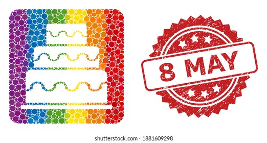Cake mosaic icon of round items in different sizes and LGBT colored color tones, and 8 May corroded rosette stamp seal. A dotted LGBT-colored Cake for lesbians, gays, transgenders, and bisexuals.