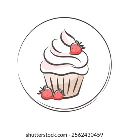 Cake or muffin with berries. Cake shop logo. Illustration for a restaurant and cafe menu, confectionery shop