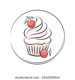 Cake or muffin with berries. Cake shop logo. Illustration for a restaurant and cafe menu, confectionery shop