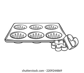 Cake, muffin and biscuit tin outline icon vector illustration. Line pan of circle shape to bake dough of cookie and cupcake in oven, confectionery, hand drawn bakery and home kitchen tool and bakeware