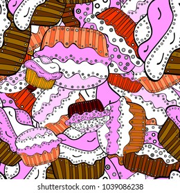 Cake muffin cute seamless pattern. Nice birthday pattern on white, pink and black. For food poster design. Vector